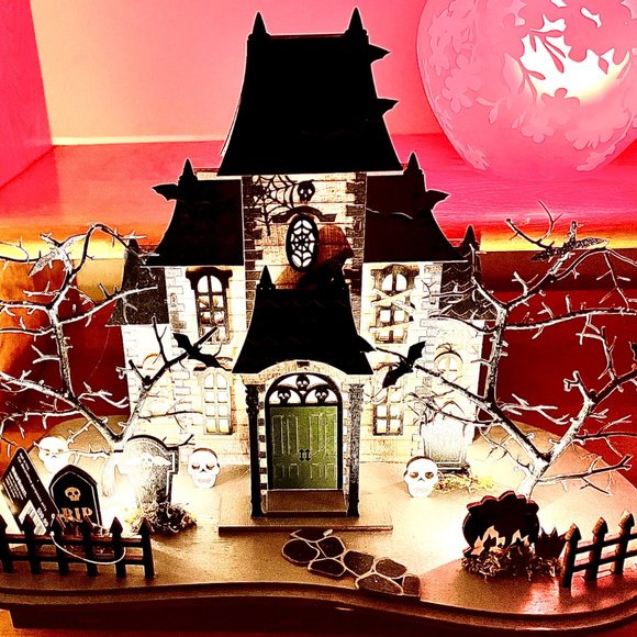 WORLD MARKET HALLOWEEN Laser Cut Wood Midnight Mansion LED Light Up Décor NWT - Picture 8 of 12